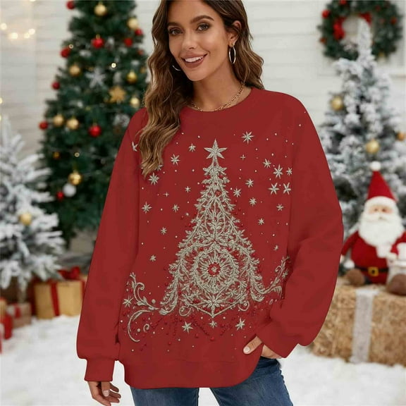 Christmas Sweatshirts for Women Fashion Vintage Xmas Holiday Tops Casual Christmas Sweater Long Sleeve Outfits Crewneck Fleece Sweatshirt Pullover Top Plus Size