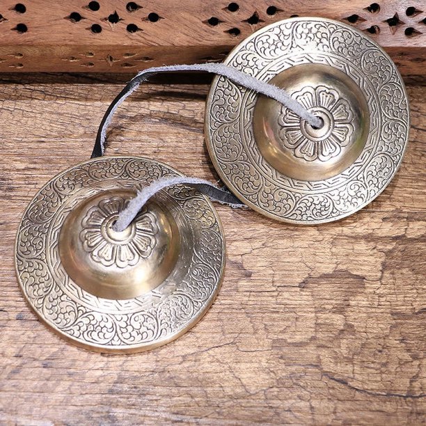 Campanas de meditación con bolsa de tela tibetana con cordón, campanas de meditación de 9 cm, para instrumentos de percusión (8 símbolos de la suerte en relieve)
