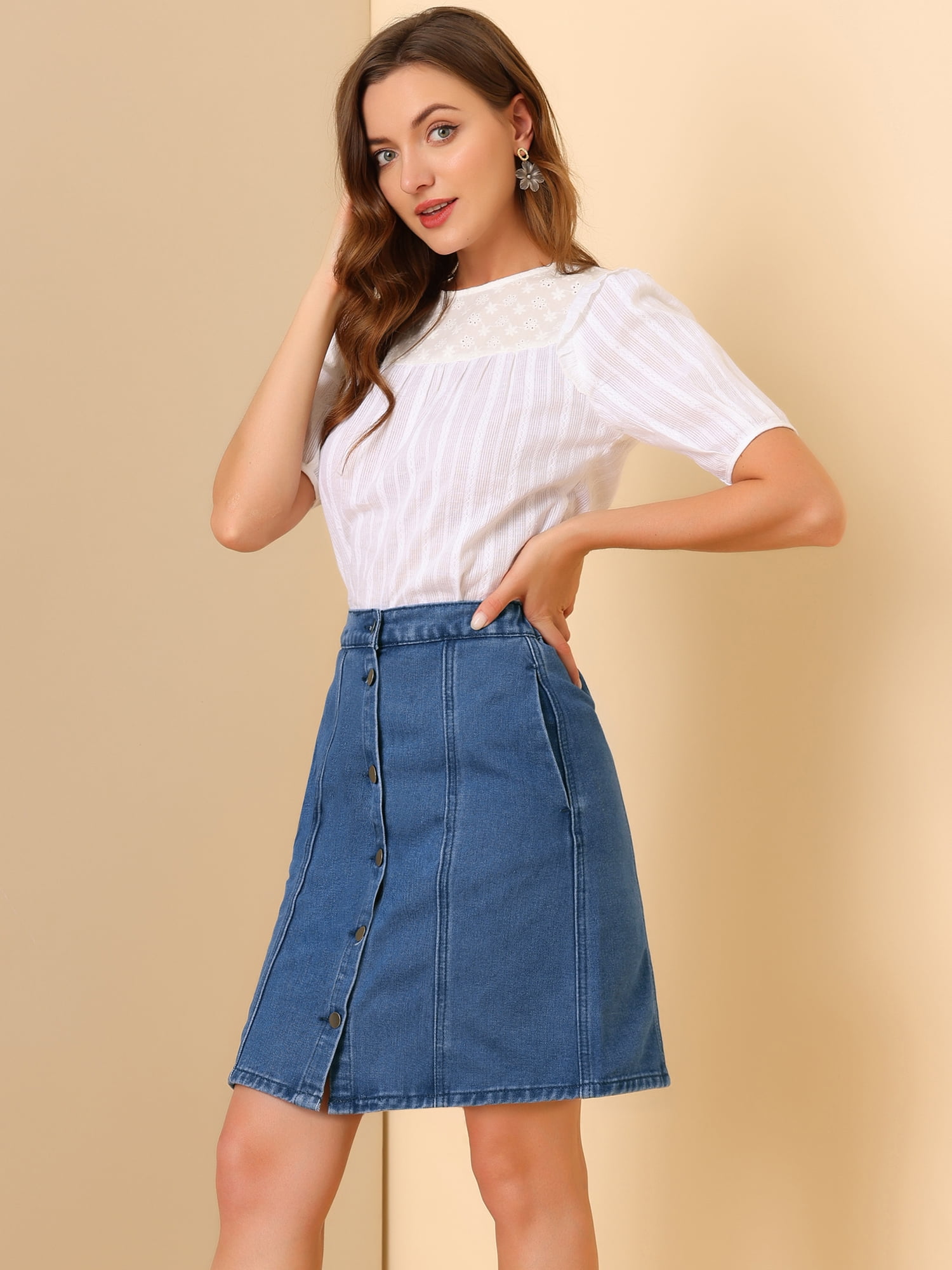 DARING DIVA Women's A-line Button Front Denim Short Skirt XL Blue