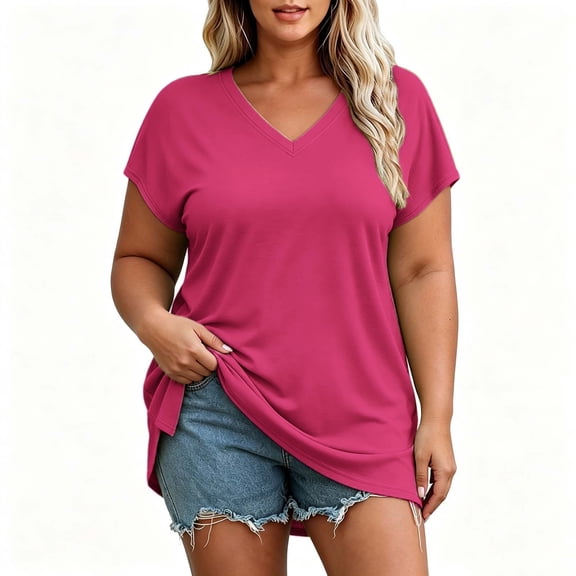 Jewelreauty Women's Plus Size T-Shirts Short Sleeve V Neck Basic Tees 1X-5X Split Hem Soft Casual Summer Tops, Hot Pink 3XL