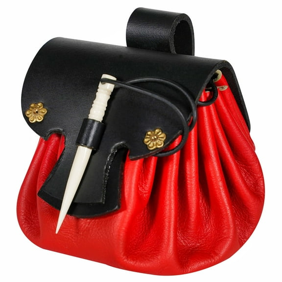 Mythrojan Leather Belt Pouch LARP Renaissance Waist Bag - Red & Black, Small
