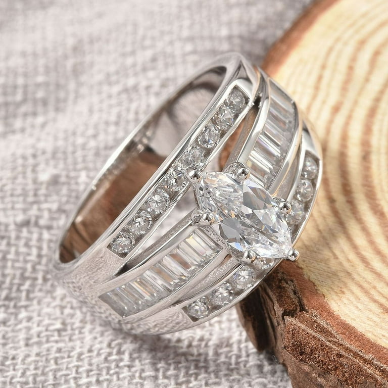 Domed Band Three Row Cubic Zirconia Ring Rhodium on Sterling Silver Nontarnish Domed Band Three Row Cubic Zirconia Ring Rhodium on Sterling Silver Nontarnish