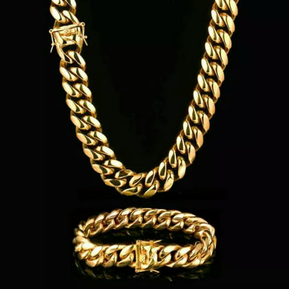 Miami Cuban Link Bracelet Chain Combo Set 18K Gold Plated Stainless Steel Gift