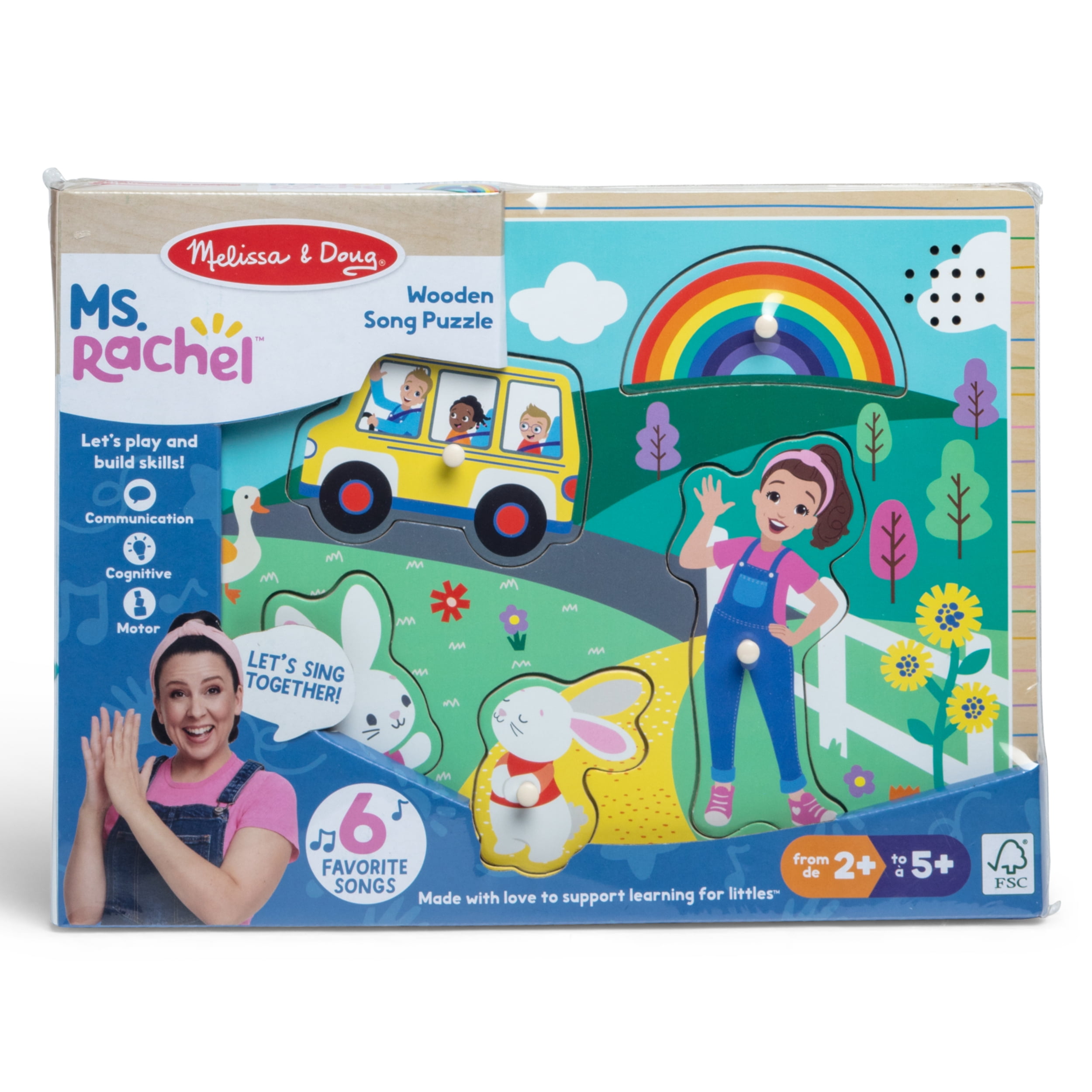Ms. Rachel™ Melissa & Doug® Wooden Song Peg Puzzle, 6-Piece with Full Songs, Toddler Toys for Boys and Girls Ages 2-5+ Years - FSC Certified