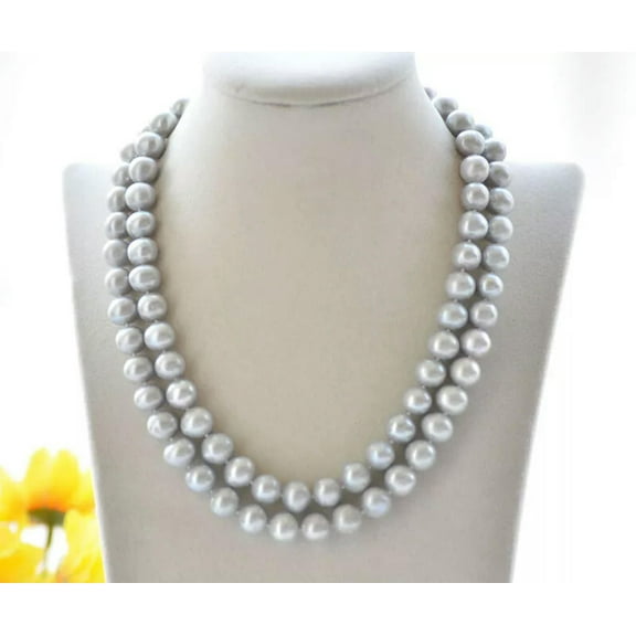 K-KED 2 Row 18" 11mm Round Gray Freshwater Pearl Necklace 925S Fashion Delicate Jewelry