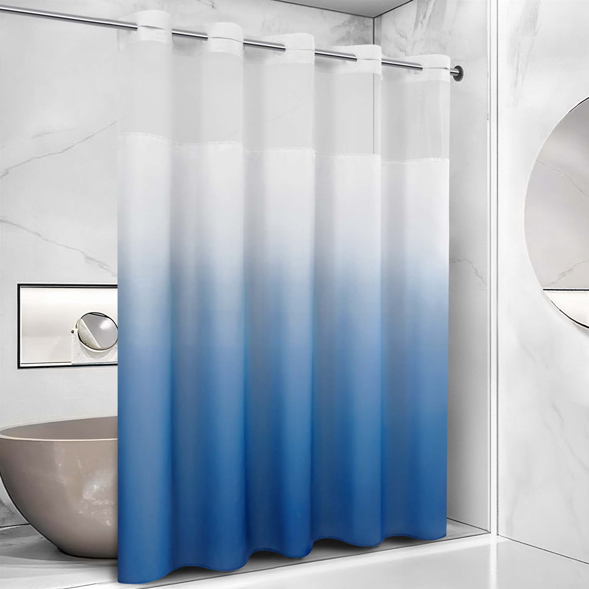Ikfashoni Blue Ombre Hookless Shower Curtain with Snap in Liner, Waterproof Fabric Mesh Window Bath Curtain, 71"X74"