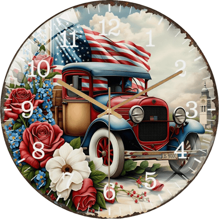 12 Inch Vintage Patriotic- Truck Glass Wall Clock for Hanger Office Room, Living Room, Bedroom Or Kitchen(30Ă30cm)