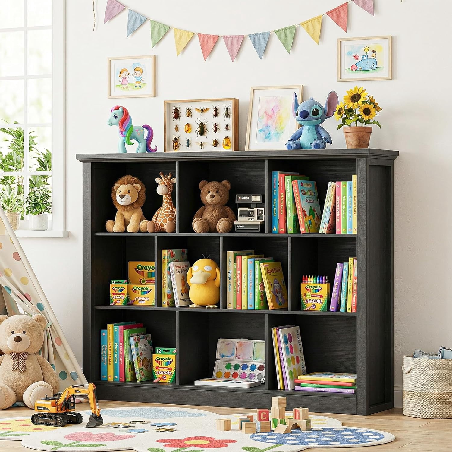 Homieasy 50" Wood Cube Storage Organizer, 10 Cube Storage Book Shelf, Wooden 3 Tiers Floor Standing Low Bookcase for Living Room, Bedroom, Home Office, Kids Room, Black