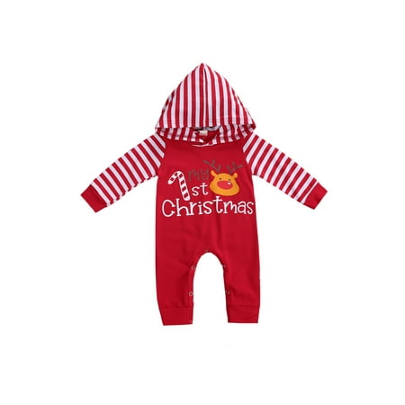 

Douhoow Baby Girls Boys My 1st Christmas Romper Stripe Jumpsuit Xmas Pajamas