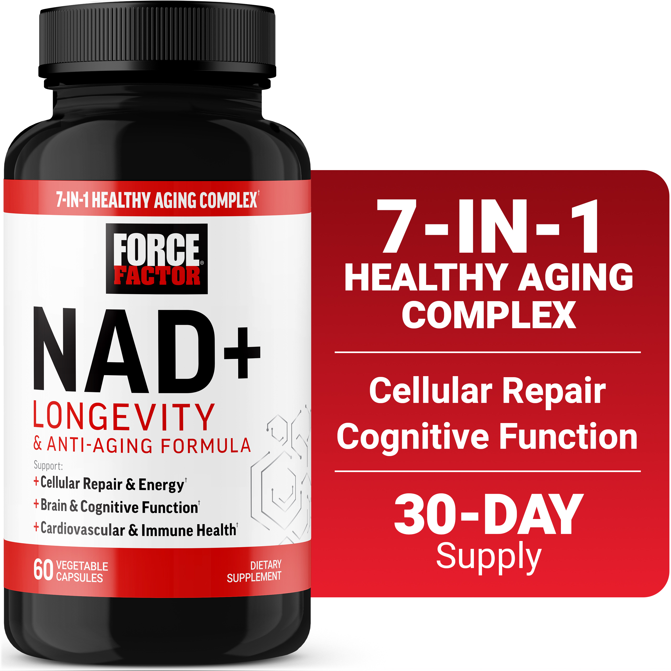 Force Factor NAD+ Longevity, Healthy Aging NAD Supplement with Resveratrol & Nicotinamide for Cellular Energy & Repair, Cognitive Health, 60 Capsules