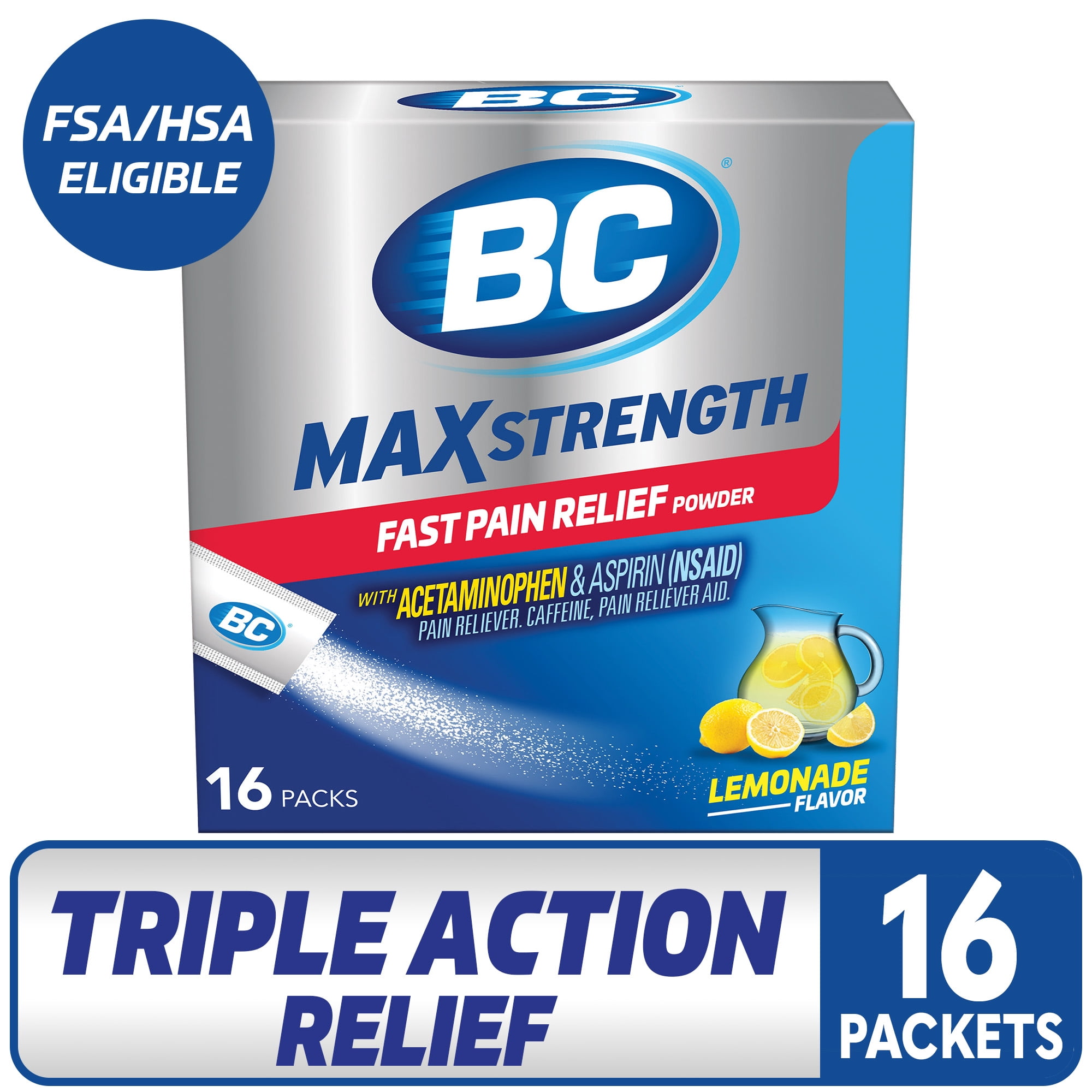 (3 pack) BC MAX Strength Fast Pain Relief Powder, Lemonade Drink Mix, Aspirin & Acetaminophen, 16 Count