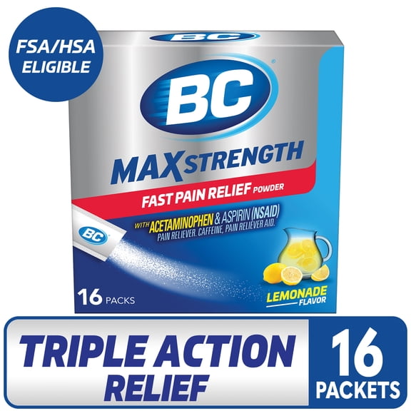 BC MAX Strength Fast Pain Relief Powder, Lemonade Drink Mix, Aspirin & Acetaminophen, 16 Count