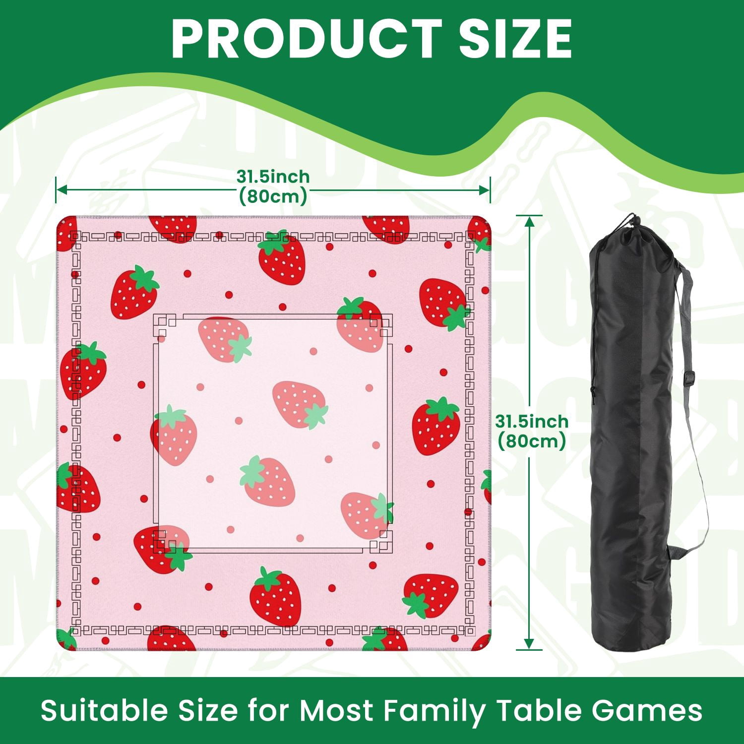 Mahjong Mat 31.5" x 31.5" Cute Strawberry Red Berries Green Leaves Pink Non-Slip Noise Reduction American Mahjong Tiles Table Cover for Dominoes Poker Card Board Games Gift
