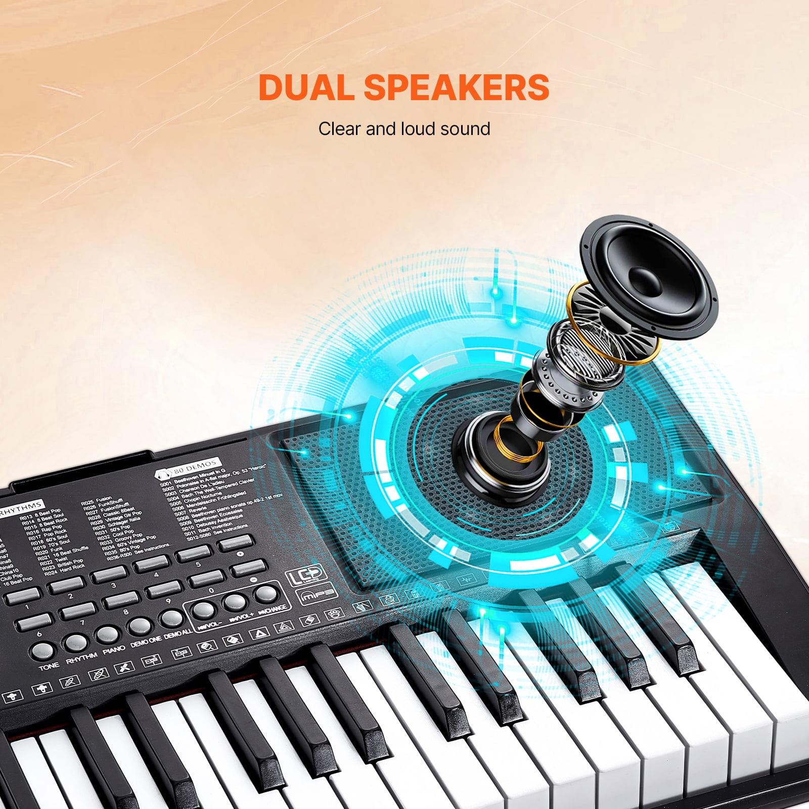KFFKFF 61-Key Digital Keyboard Piano with Lighted Keys, Portable Electric Piano Featuring Adjustable Stand, 600 Tones, 500 Rhythms, Built-In Speakers, Sustain Pedal, Headphones