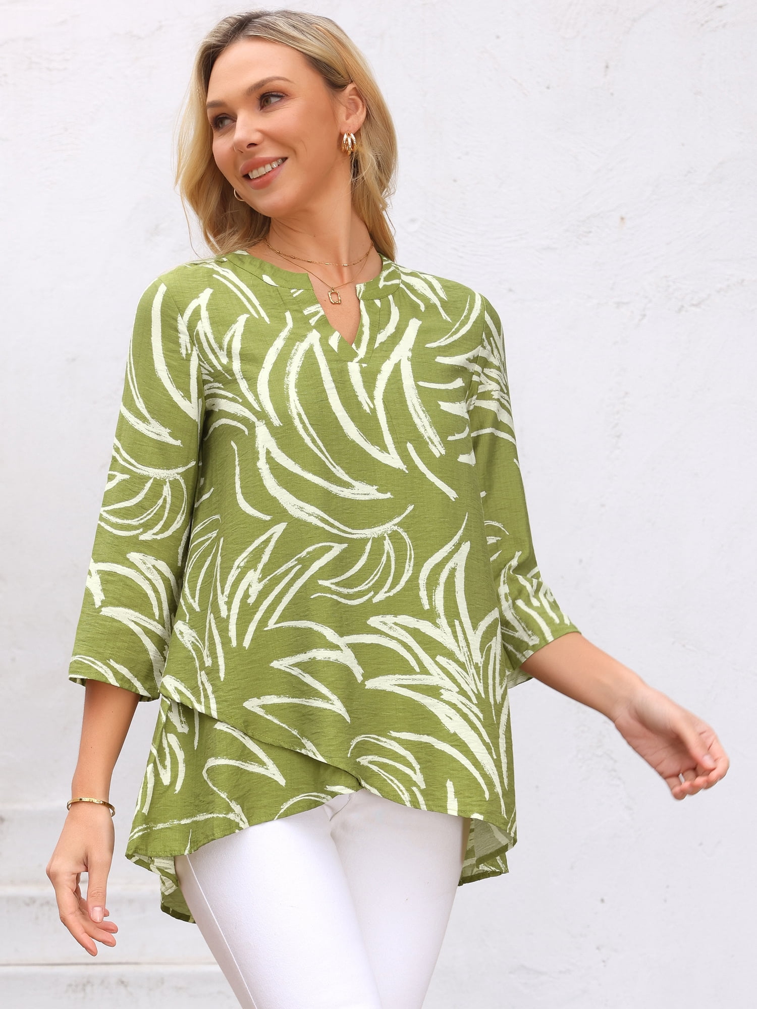 DARING DIVA Women's High Low Floral Print V Neck Roll Up 3/4 Sleeve Tunic Blouse S Green