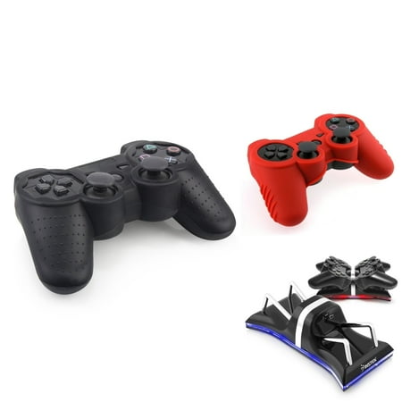 Insten For Sony PS3 - Dual Remote Charging Dock Station + 2-pack Silicone Controller Skin Case Cover