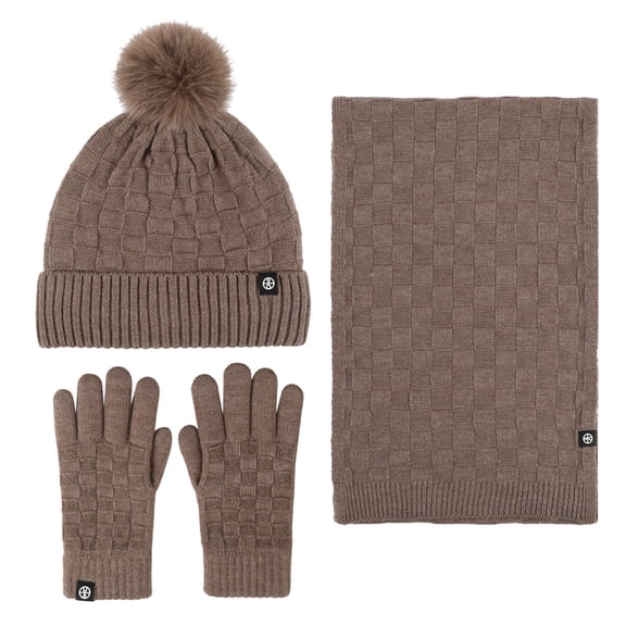 Scarf for Women Fashion Accessories Couples Winter Outdoor Warm Winter Hat Scarf Gloves Three Piece Check Knit Pile Hat