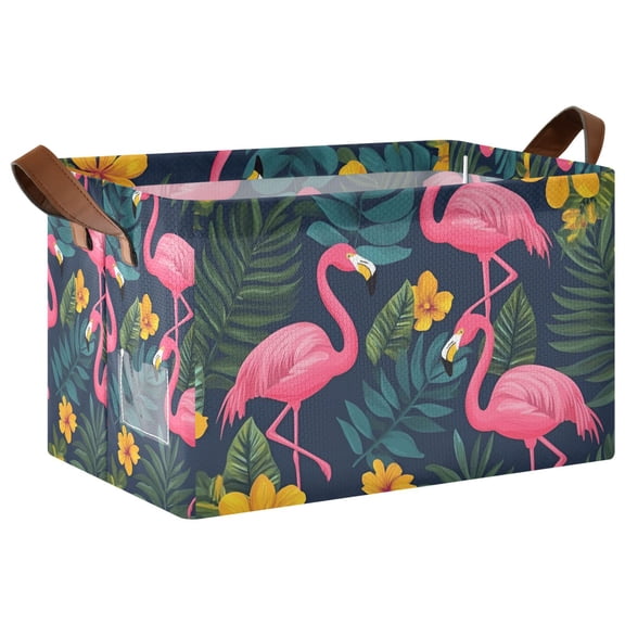Yayeee Foldable Storage Basket for Shelves with Handles Waterproof Cloth Bins, Yellow Floral Flamingo