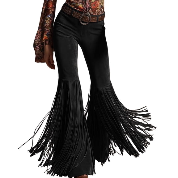 cocolona Womens Casual Street Tassel Suedes Pants Solid Color Elastic Waist Wide Leg Flare Pants for Party