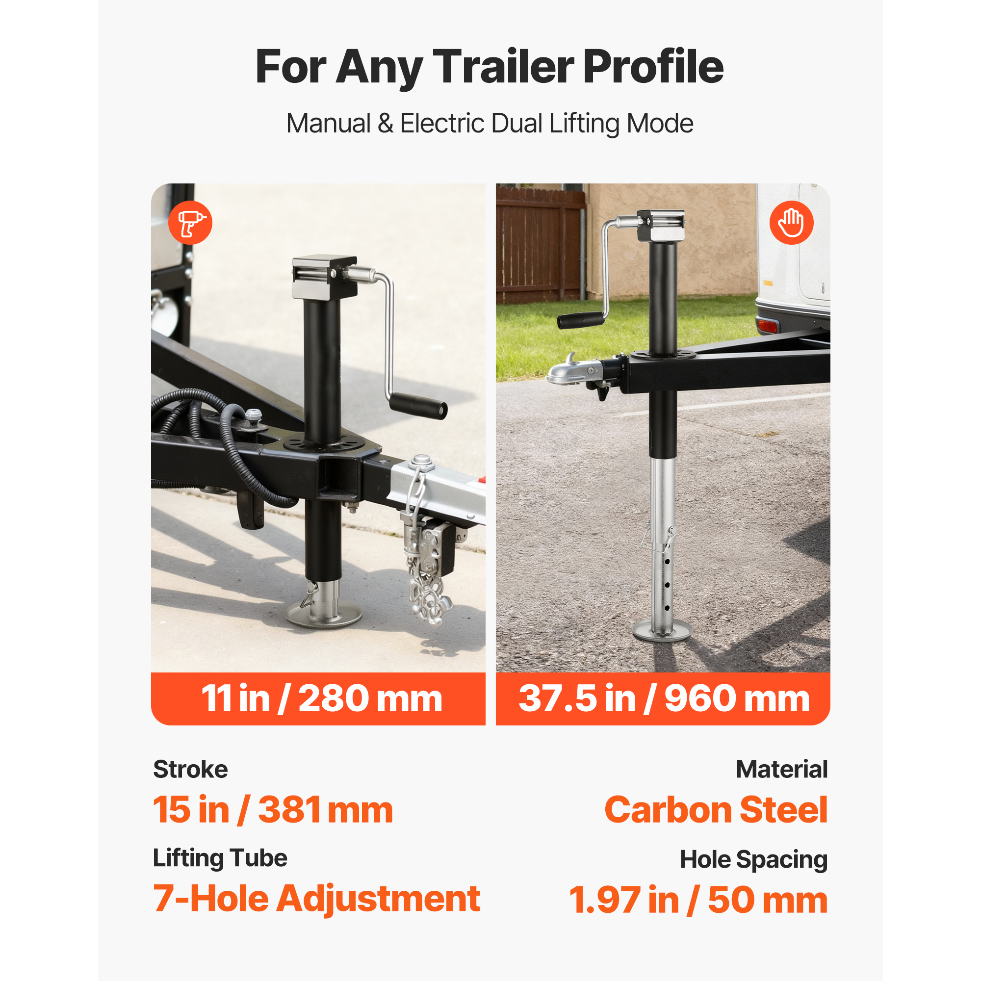 KFFKFF 5000 lbs A-Frame Trailer Jack, 15-Inch Vertical Travel, Adjustable 7-Level Drop Leg, Drill Socket Included, Compatible with Cordless Drills, Ideal for RVs, Utility, and Boat Trailers