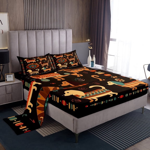 Dachshund Dog King Bed Sheets,Boho Western Animal Bedding Set Tribe Aztec Sheet Set Bohemia Dog Print 1 Fitted Sheet 1 Flat Sheet 2 Pillow Cases Room Decor