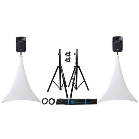 (2) Rockville Speaker Stands + XLR Cables + Scrim Werks SWLTPSWHT White Cover x2