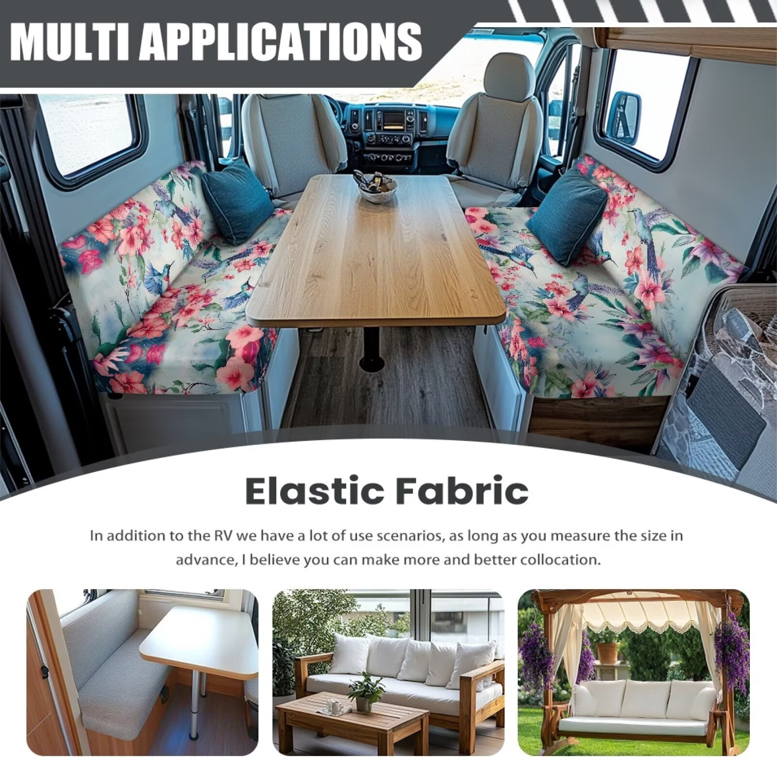 XYZCANDO Hummingbird Floral RV Dinette Cushions Stretchable RV Accessories for Inside Universal Bench Cushion Comfortable Couch Cushion Covers Stylish Camper Accessories for Inside Slipcovers Blue