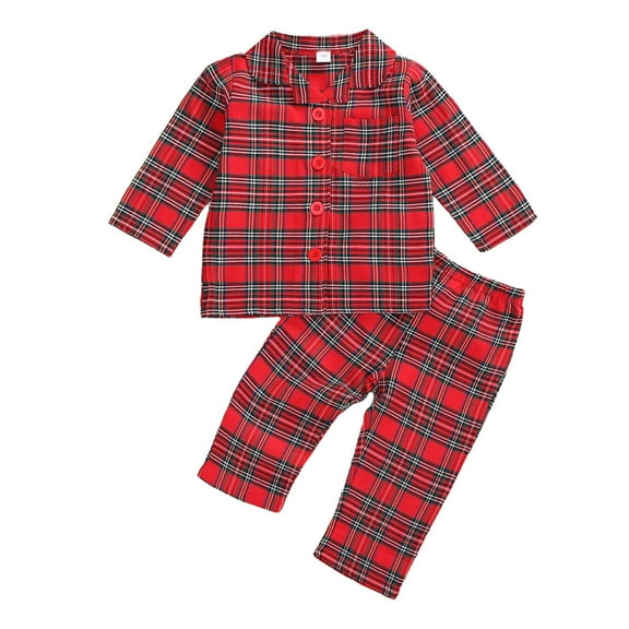 1-6Y Christmas Kid Baby Boy Girls Pajama Sets Red Plaid Long Sleeve Tops Pants Xmas Outfits New Year Clothing