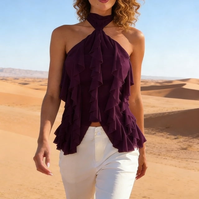Pounoo Womens Halter Tops Sleeveless Halter Neck Ruffle Trim Sheer Mesh Party Nights Beach Vacation Blouses Camis Tunics Gift