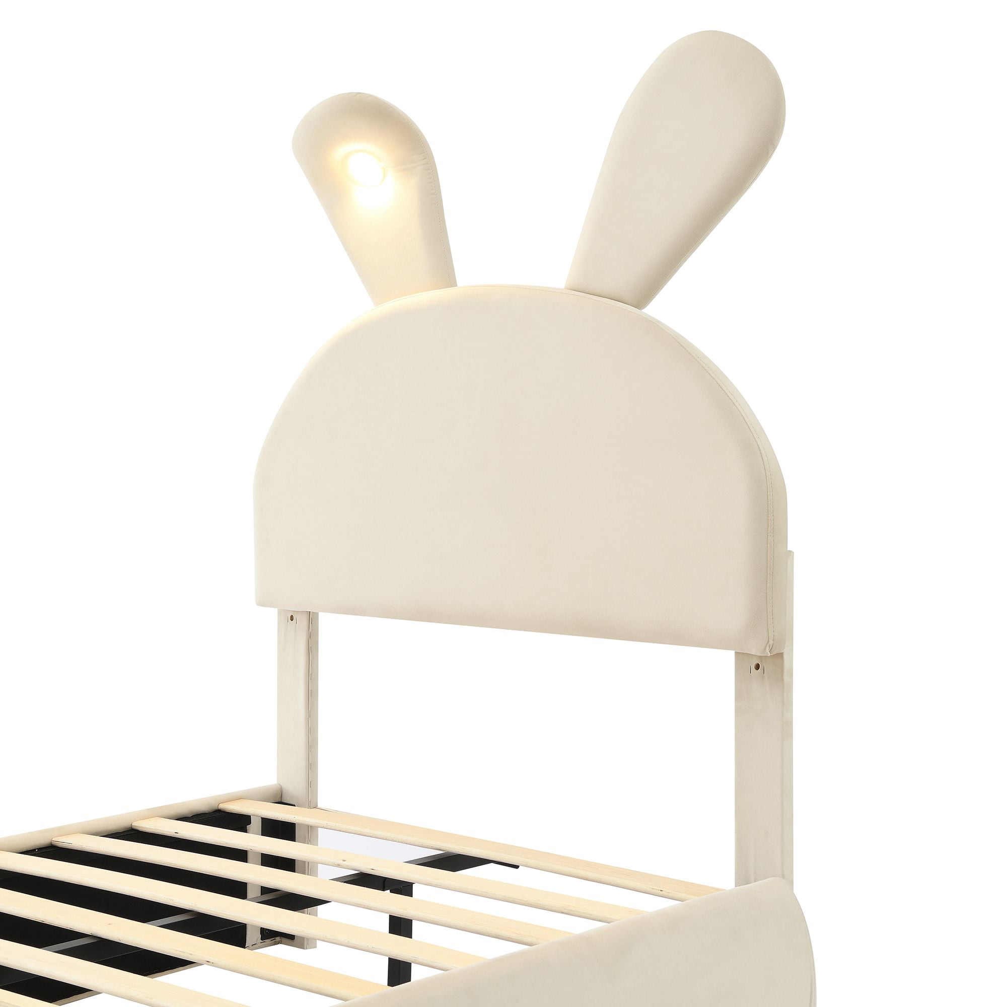 Aukfa Twin Upholstered Bed Frame with LED Light, Cartoon Bed with 2 Storage Stools for Kids, Beige