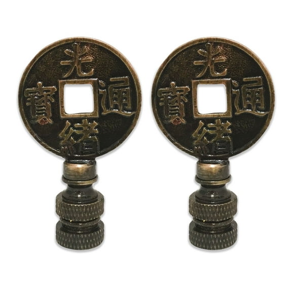 Royal Designs, Inc. Asian Symbols Lamp Finial for Lamp Shade, F-5030AB-2, Antique Brass, Pack of 2