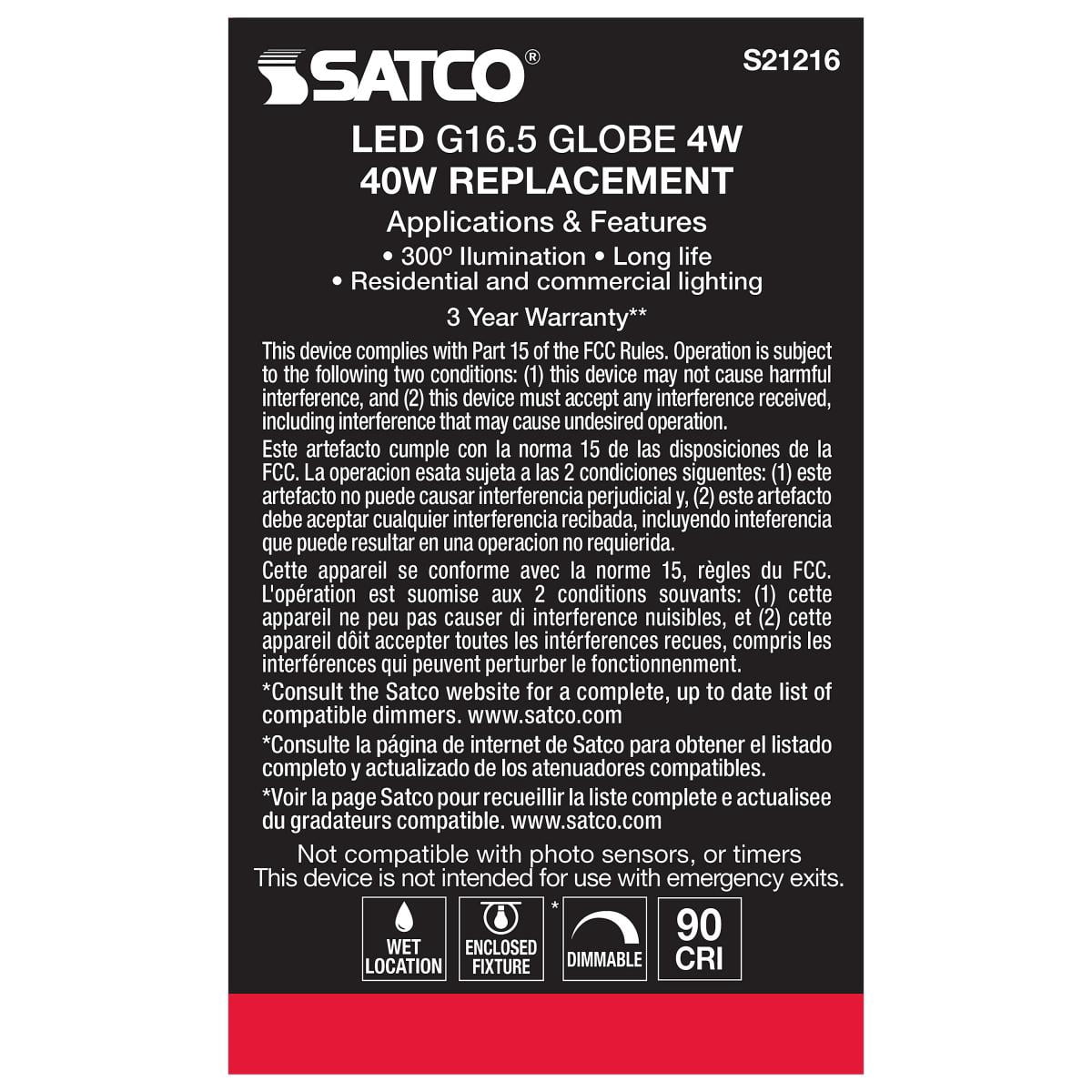 Satco S21216 G16.5 Globe LED Light Bulbs 4W 120V 3000K 90+CRI E26 Medium Base Dimmable (6 Pack)