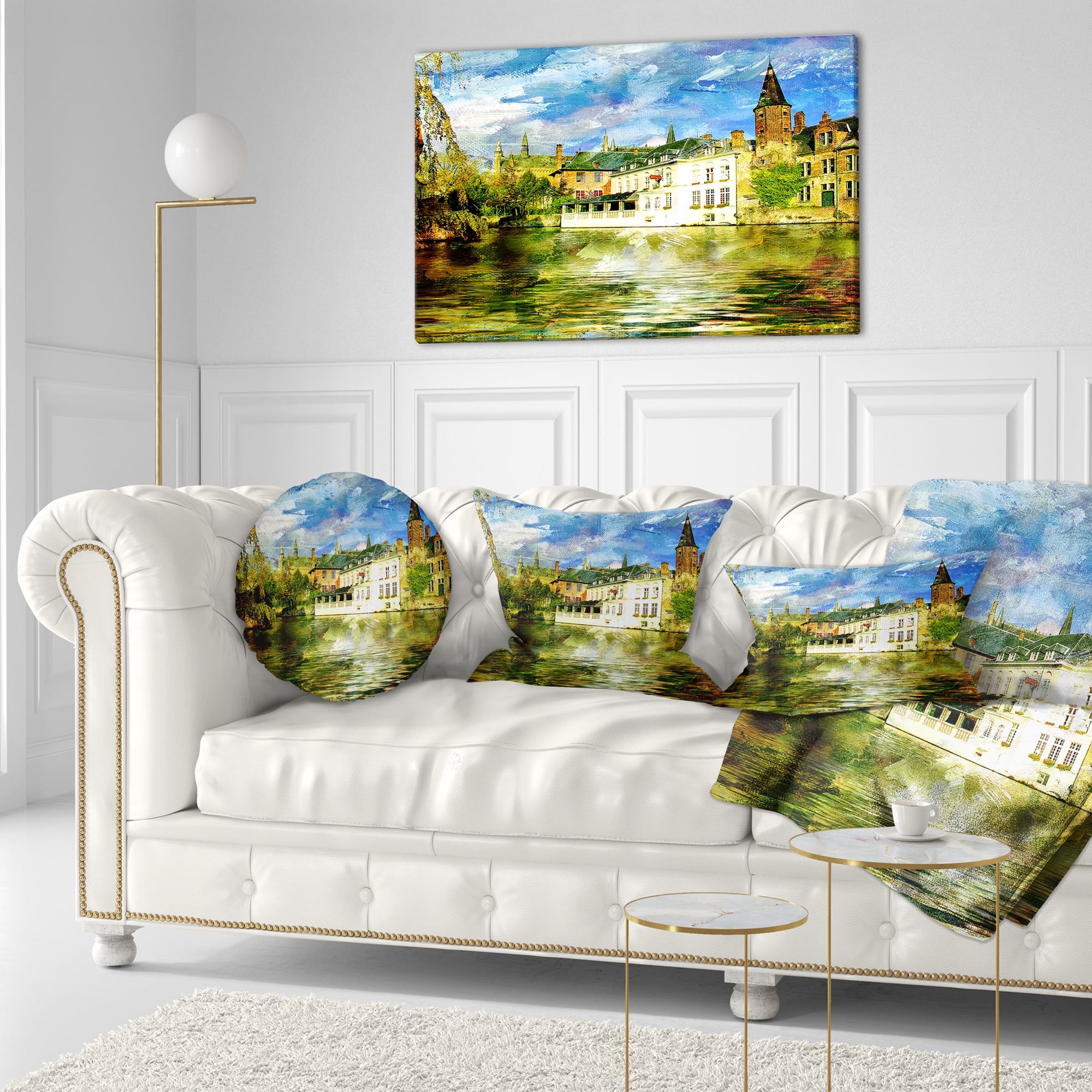 Designart Old Belgium Channel - Landscape Photography Throw Pillow - 12x20