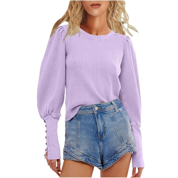 Waffle Knit Sweatshirts for Women Puff Long Sleeve Crew Neck Casual Tunic Pullovers Fall Faashion Solid Color Tops
