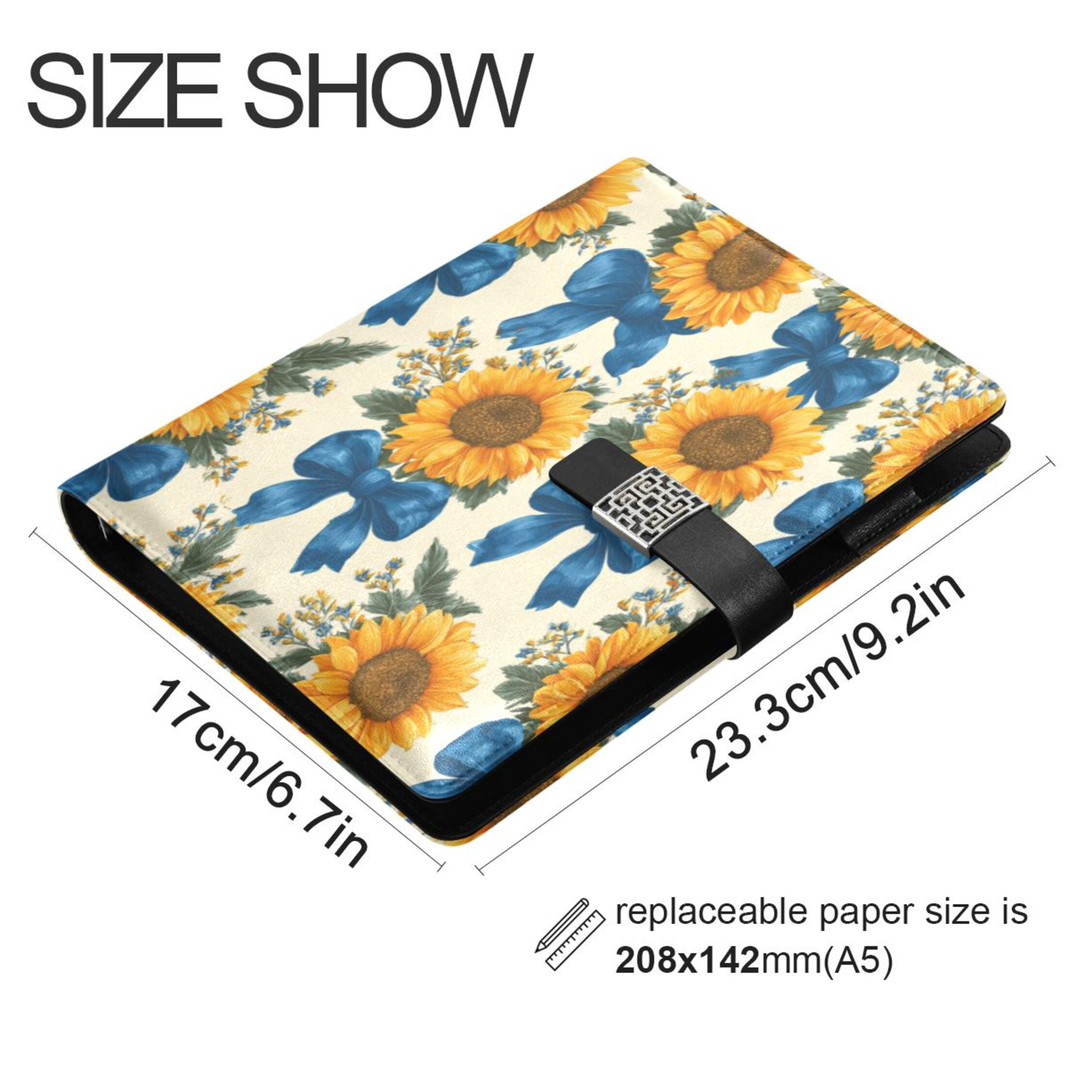 Leather Planner Leather Notebook Notebook Journal Binder Design Pen Pocket Design Convenient for Storage Sunflowers and Blue