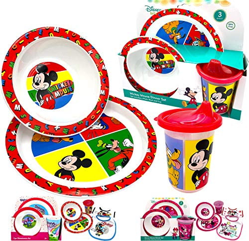 Disney Classic Mickey Baby Toddler Utensil Dinnerware Dish Feeding Set Gift Box including Break Resistant Bowl, Dish Plate, Tumbler Cups - Safe BPA free, Easy to Clean, Perfect Gifts fo