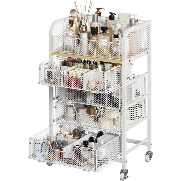 Makeup Cart Organizer with 4 Drawers, Large Floor Skincare Organizers, Vanity Storage Organizer Cosmetics Display Cases for Skin Care Perfume Nail Polish, White