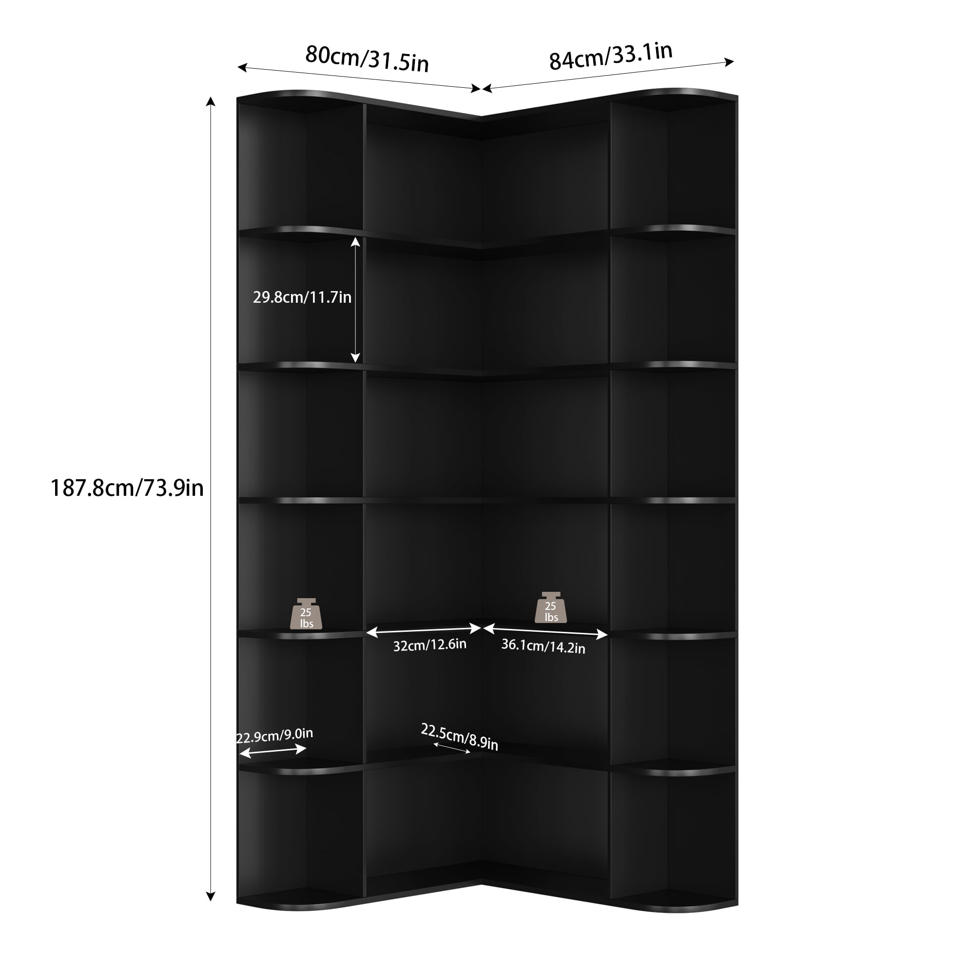 Homfa 73.9” Tall Corner Bookshelf, 6 Tier L-Shaped Large Display Bookcase with Curved Edges for Living Room Home Office Study, Black