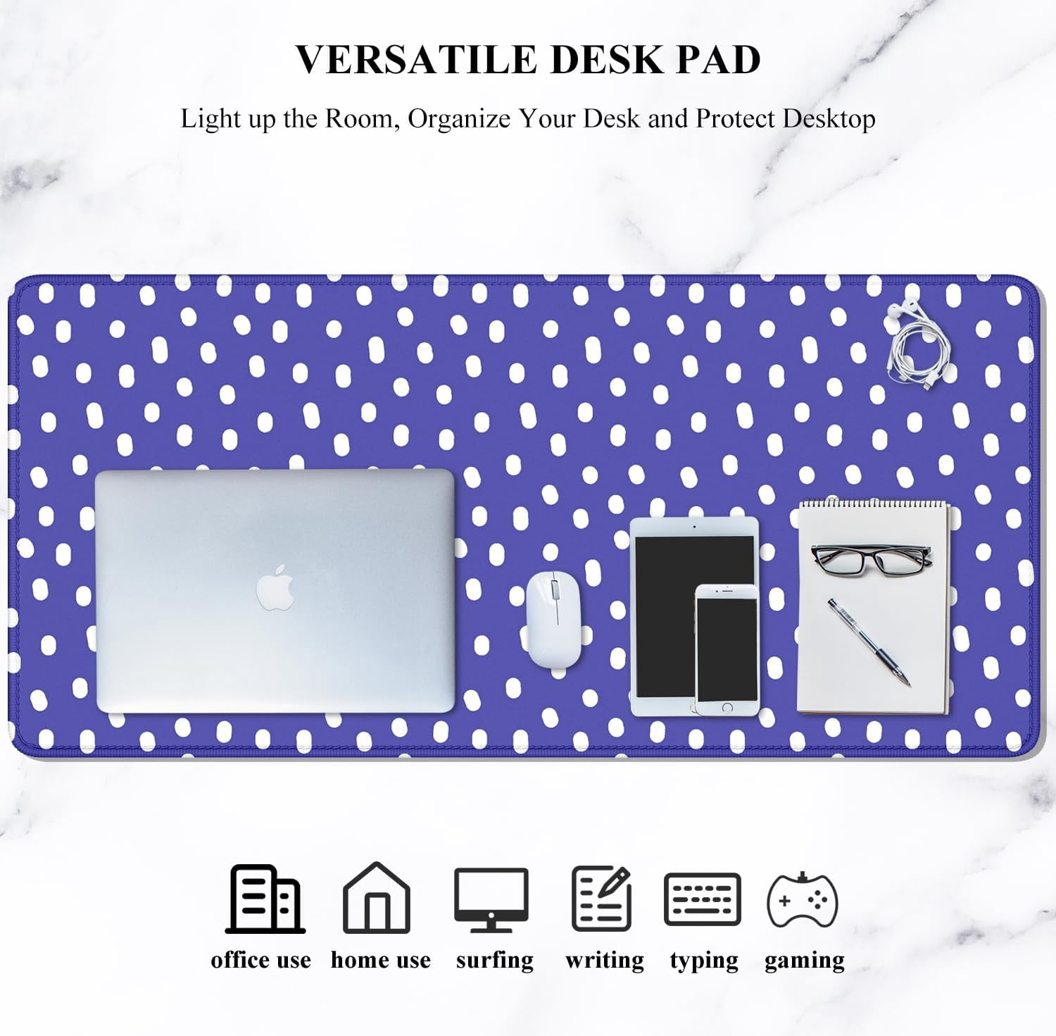 Desk Mouse Pad, Large Gaming Mousepad, XXL Desk Pad, Extended Long Superior Micro-Weave Cloth Non-Slip Rubber Big Computer Mouse Mat for Gamer, Office & Home, 35" x 15", Purple Dots