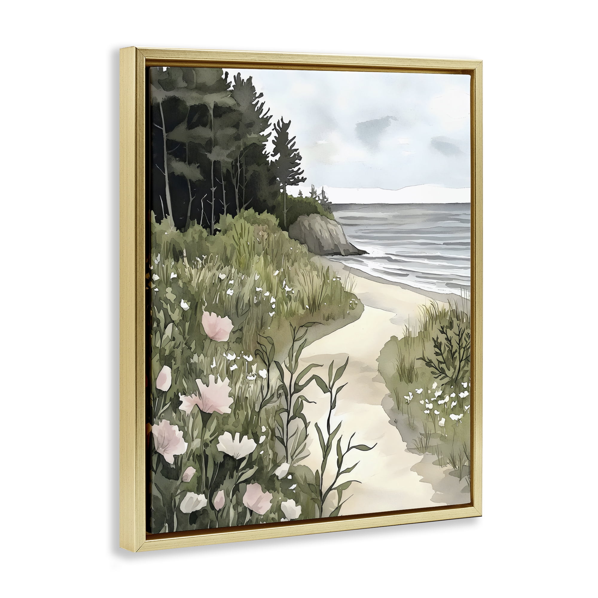 Stupell Industries Coastal Calm Floral Pathway Gold Framed Floater Canvas Wall Art, design by Riley B