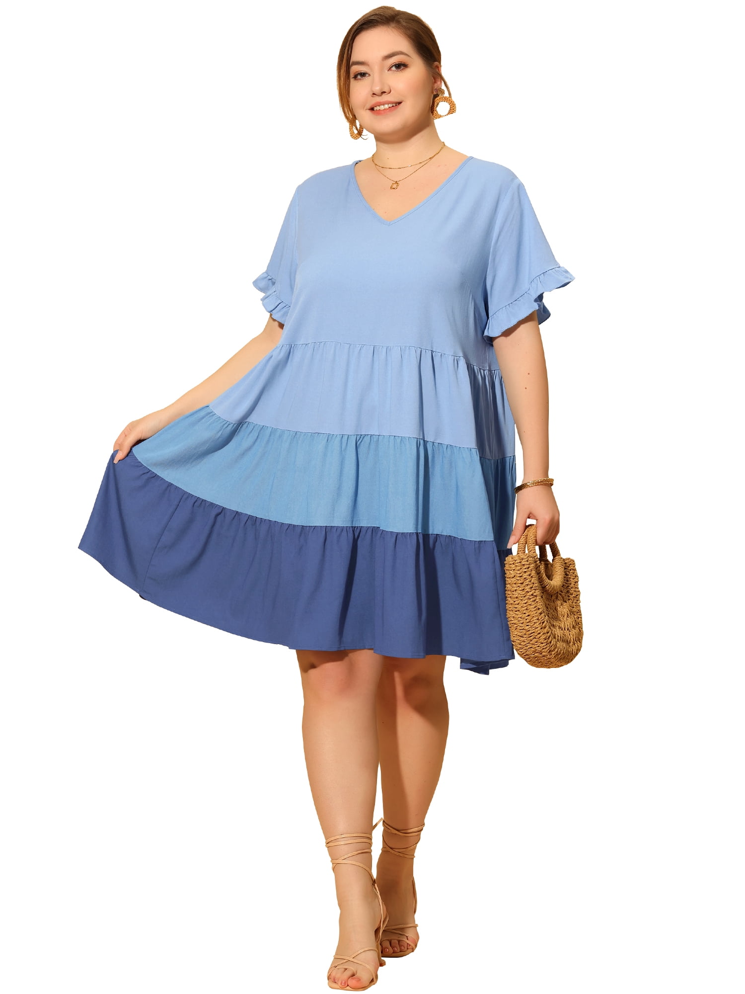 DARING DIVA Babydoll Ruffle Flowy Swing Hem Chambray Mini Dress 2X Blue