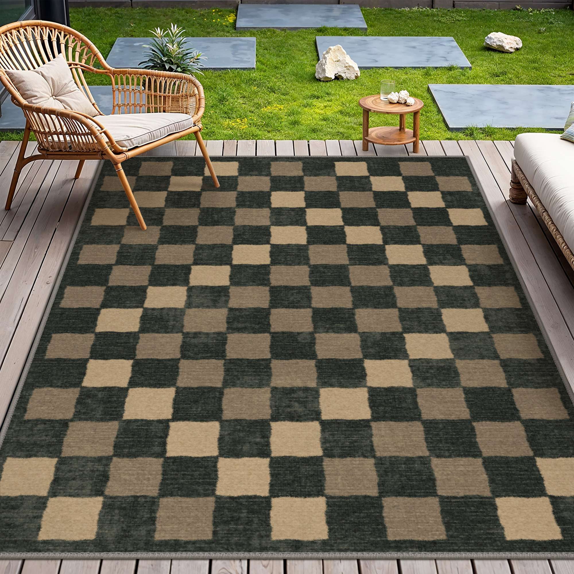 DEORAB Outdoor Rugs 4'X6' Chenille Patio Rug Three-Layer Material Imitation Silicone Spot Molding Camping Outside Rv Mat, Blue Black & Brown