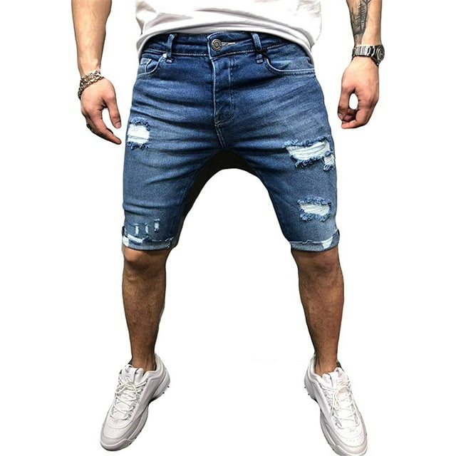EYIIYE Men Ripped Denim Shorts Slim Fit Skinny Stretch Destroyed Hole Jeans