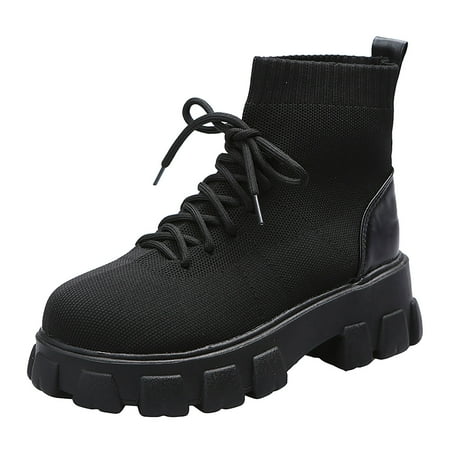 

Fesfesfes Platform Boots for Young Ladies Women s Shoes Round Toe Thick Bottom Fashion Knitting Breathable Buckle Lace-up Female 6.5(38)