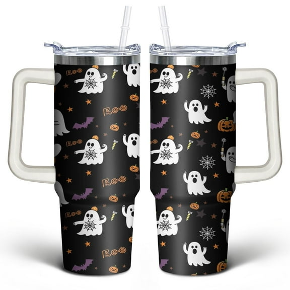Ghost Pumpkin 30 Oz Tumbler with Handle Lid and Straw, Stainless Steel Double Walled Vacuum Insulated Cup, Cute Anniversary Wedding Birthday Gifts Tumbler for Women Men Friends Outdoor Indoor