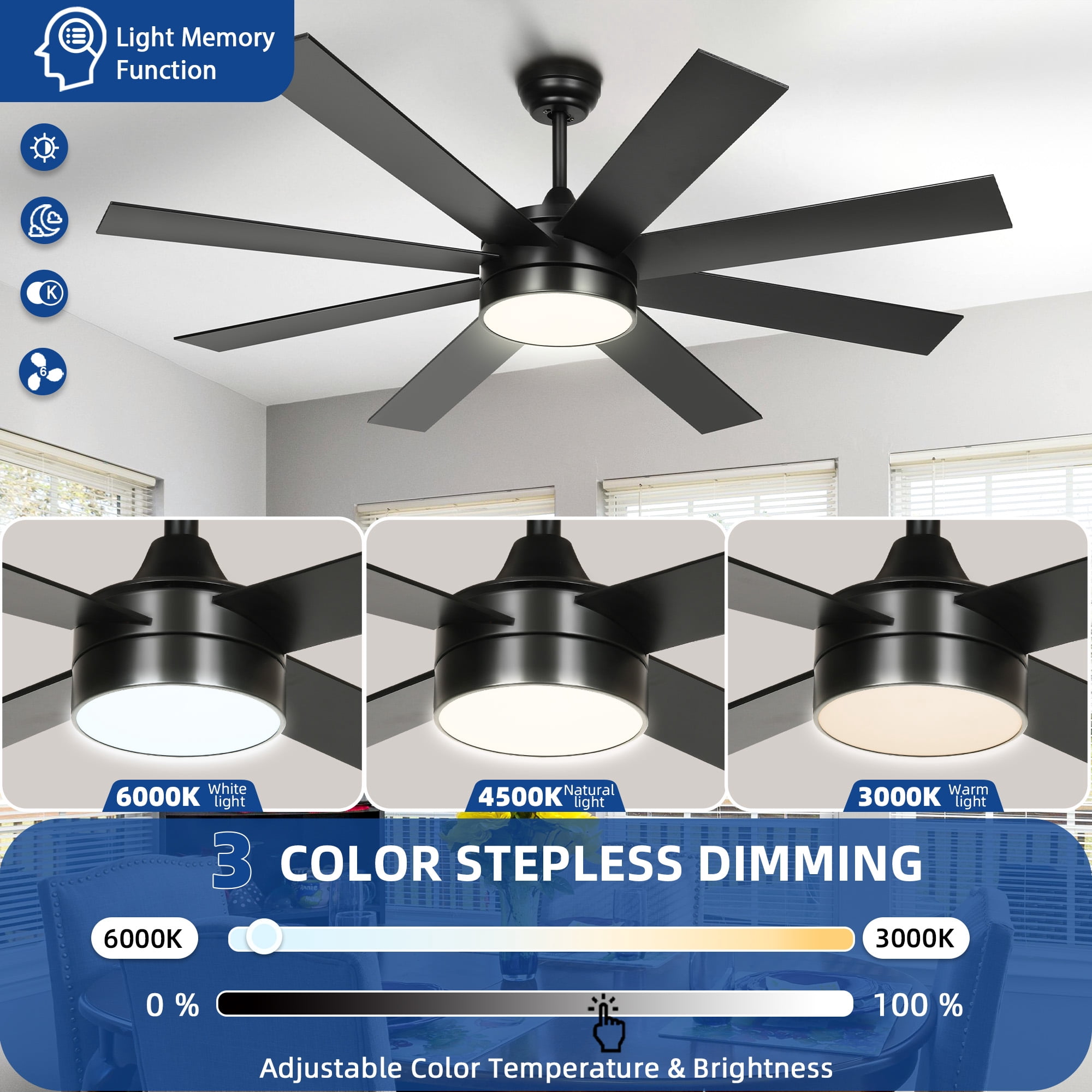 Dextrus 60'' Modern Black Ceiling Fan Light Remote Control Smart App Compatible with Alexa