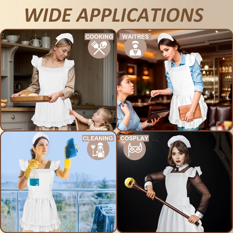 Tablier Servante Rétro - Blanc, Polyester, Réglable - Pour Cosplay Ou Cuisine