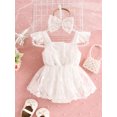 thumbnail image 3 of Musuos Baby Girl Summer Outfit, 3 6 12 18 24Months Square Neck Fly Sleeve Lace Romper Dress Bow Headband 2 Piece Set for Toddler, 3 of 9