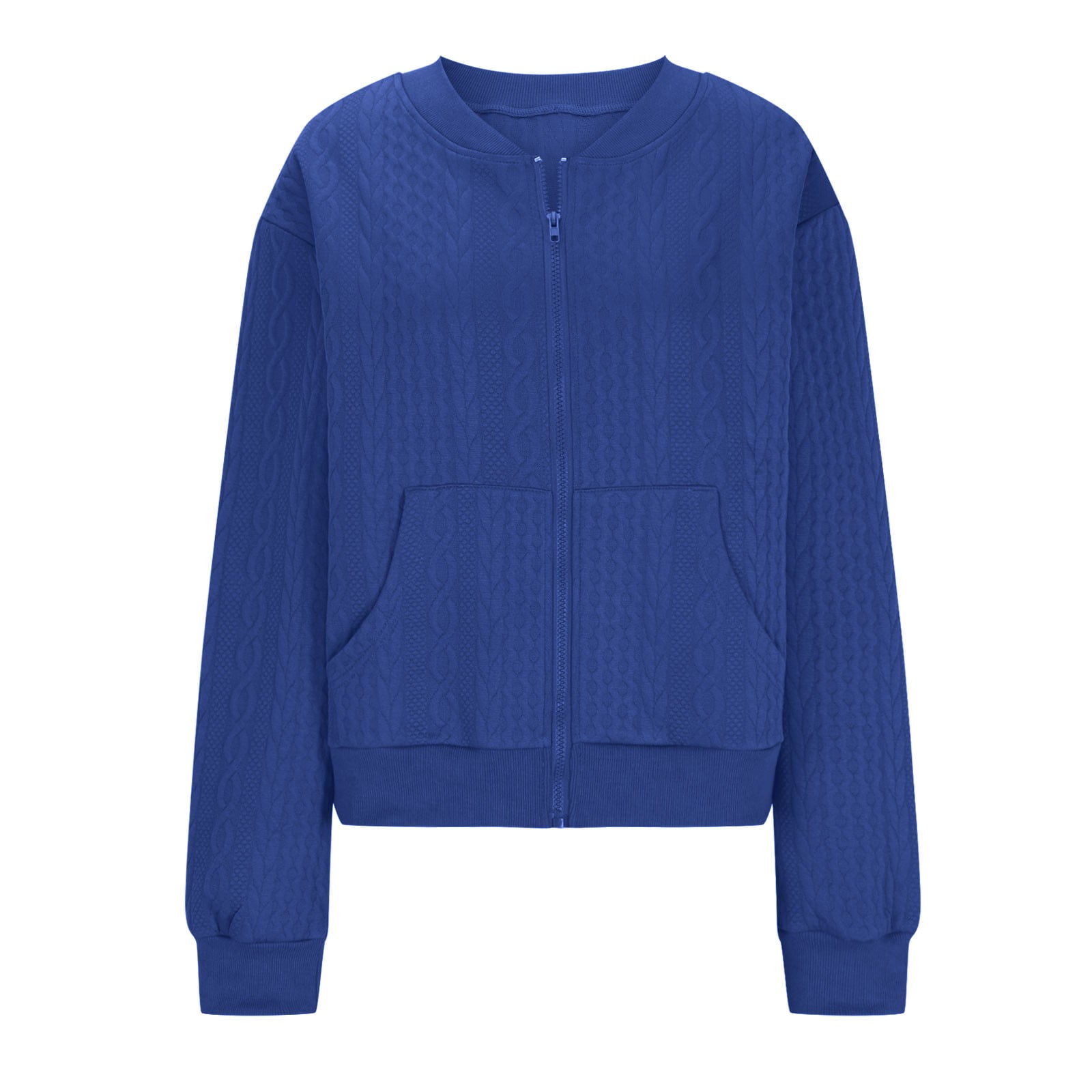 Fartey Women's Zip Up Cardigan Sweater Knit Cable Long Sleeve Jackets Soft Comfy Crewneck Casual Cardigans Fashion Simple Solid Color Coat Blue M