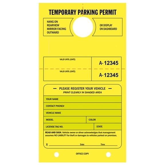 Temporary Parking Permit - Mirror Hang Tags, Consecutive Numbers with Tear-Off Stub, 7-3/4" x 4-1/4", Bright Fluorescent Yellow - Pack of 50 Tags